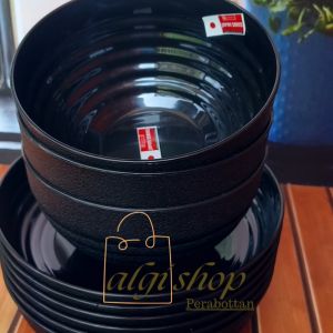 12Pcs Grtis sndok Pket Ramen Hitam japan isi 6piring bulat 6mangkuk bulat hitam foodgrade