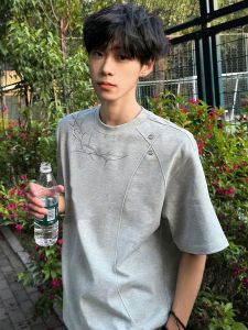 OUMULONG | Grey Thorn Embroidery T-shirt With Studs For Men Short Sleeve