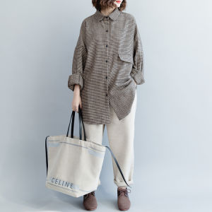 Qinghou Boyfriend Style Brown Thin Woolen Small Gingham Thick Spring & Fall Extended Plus Size Loose Lapels Shirt