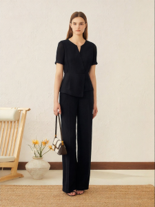 Breathable Versatile Dark Patterned Twotone Linen-Like Straight Pants