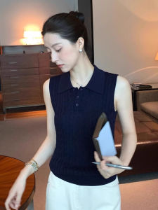 chaqi | Áo thun cổ polo không tay màu xanh lam cho nữ mùa hè 2025 Áo thun bó sát tôn dáng Áo lót cơ bản chất liệu polyester