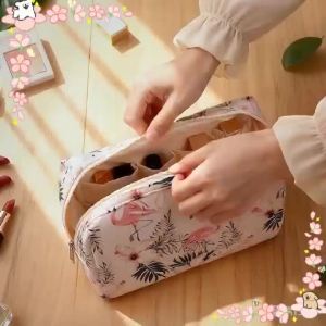 Waterproof Cosmetic Bag Large Flamingo Print for Travel Organized Storage with Multiple Compartments