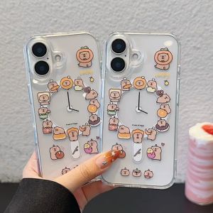 Cartoon Clock Capibala Transparent Adsorbable Phone Case for iPhone 11 12 13 14 15 16 Pro Max 8 Plus X XR XSmax 16E mini casing Acrylic adsorbable hard cover for iPhone11 case