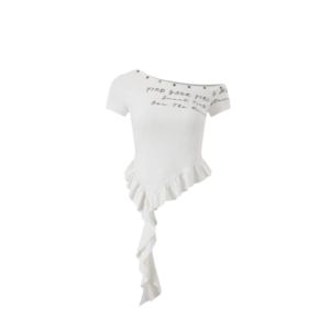 YUEZHONGWEI | White Asymmetrical Shoulder Letter Print Short Sleeve T-Shirt Womens Slim Fit Design Sensation Summer Fashion Top