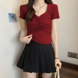 Áo Thun Tay Ngắn Ôm Vừa Vặn Cổ Chữ V Xếp Ly Thiết Kế Không Đều Thời Trang Mùa Hè Cho Nữ