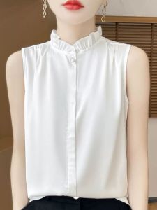 Áo Sơ Mi Satin Không Tay Cổ Bướm Kiểu Pháp Mùa Hè Mới Áo Lót Bên Trong Cao Cấp Áo Vest Dài Thường Màu Trơn Không Tay Cổ Đứng