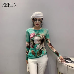 REHIN Womens top New fashion mesh long sleeve T-shirt round neck print slim and thin shirt S-3XL blouse