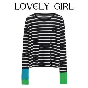 Clearance Sale Lighting Snap ~ Brand Discount Counter Withdraw Cold Base Shirt Acetate Cotton Color Matching Sleeves with Stripes Long-Sleeve T-shirt