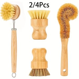 2/4Pcs Palm Pot Brush- Bamboo Round 3 Packs Mini Dish Brush Natural Scrub Brush Durable Scrubber Cleaning Kit with Union Fiber