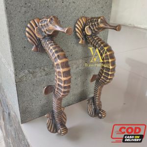 Handle Pintu Rumah Kuningan Antik Motif Kuda Laut Kaki Kerang 30 cm 2 Pcs