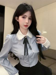Sweet Color Block Striped Long Sleeve Shirt And Puffy Half Skirt JK Uniform Set Womens College Style Slimming Ensemble
