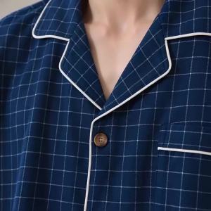 High Quality and Durable Men Cotton Pajama Set Single-Line Checkered Matching Loungewear Checkered Cardigan Shorts Sleepwear
