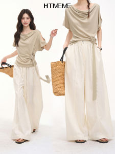 HTMEME | Tencel High Waist Two-button Straight Leg Casual Pants Summer
