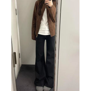 กางเกงยีนส์ทรงขากระบอกเล็กเอวสูงสีดำยืดหยุ่นสำหรับผู้หญิงไซส์ใหญ่ กางเกงขายาวทรงตรงทรงกระบอกเล็กทรงกระต่ายสำหรับฤดูใบไม้ร่วง