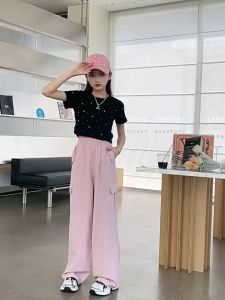 Summer Cargo Pants Wide Leg Pants For Kids Girls Casual Loose Fitting High Waisted Jogging Trousers Tooling Style Casual Pants 7-16Yrs