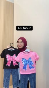 Setelan Anak Perempuan Baju Anak Celana Jeans Panjang Motif Pita Korean Style Usia 1-5 Tahun Set Model Kekinian Oneset Terbaru