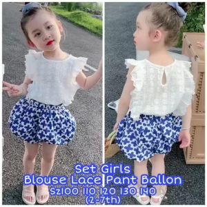 SETELAN ANAK PEREMPUAN IMPORT KOREAN STYLE 2IN1 BLOUSE KATUN LACE CELANA BALON