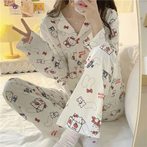 Fashionable Long Sleeve Sleepwear Set Womens Casual Outfit Kitty Cat Print Comfortable Cotton Polyester Blend Autumn Winter