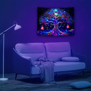VIKAMA UV Blacklight Tree Of Life Starry Sky Tapestry Neon Ảo Giác Treo Tường Cho Phòng Ngủ Chơi Game Esports Trang Trí Phòng Polyester