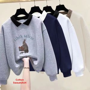 Ladies Spring Autumn Winter Hoodie Trendy Thin Long Sleeve Polo Collar Top Korean Style Commute Cartoon Pattern Polyester Cotton Blend
