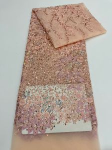 Brown African Beaded Mesh Lace Fabric Embroidery Sequins French Tulle Lace for Nigerian Wedding Party Dress 5 Yards AT2708
