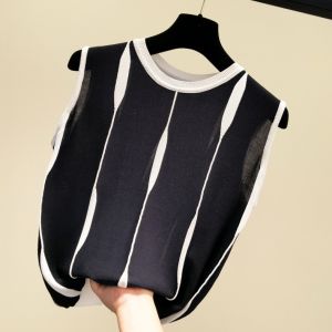 Contrast Color Stripes Ice Silk Vest Outwear Loose Thin Sleeveless Knitting Tops Womens Summer Inner Match Slimming Ins Fashion
