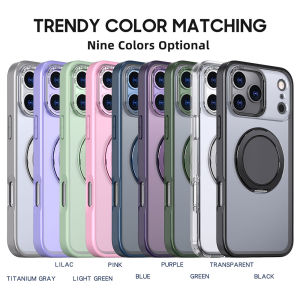 360 Spin Metal Ring Stand [Compatible with Magsafe] Ultra thin Translucent Frosted Hard PC Back Military-Grade Drop Protection Case for iPhone 17 Pro Max/Air/16E/15 Pro Max/14 Plus/13 Pro/12