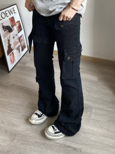 Black Vibe Belted Micro Flare Workwear Thin Denim Jeans Men Cleanfit American High Street Flared Long Trousers Slim Fit Jeans