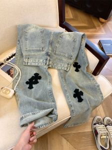 American High Street Embroidered Denim Pants Womens Spring New Fashion Brand High Waist Straight Leg Wide Leg Pants