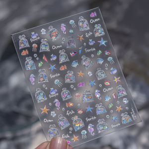 Cute Ocean Jellyfish Water Bag Bubble Angelfish Starfish Coral Summer Ocean Shell Wave Adhesive Nail 5D Stickers Manicure Decals