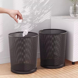 9L Large Black Metal Mesh Trash Can Round Iron Waste Bin Lightweight Garbage Basket for Home Kitchen Bathroom Office Bedroom