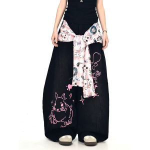 Blue Scarf Tied Graffiti Denim Pants Womens Loose BF Wide Leg Knife Pants Trendy Autumn New Arrival Casual Wear Resistant