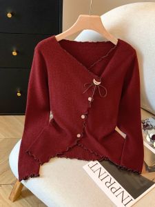 Áo Len Dệt Kim Dài Tay Kiểu Pháp Độc Đáo Dành Cho Nữ Mùa Xuân Thu Mới Áo Lót Không Đều Viền Gỗ Áo Len Nhỏ