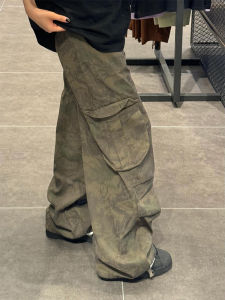 Mens American Retro Camouflage Work Pants Summer Thin Style Multi-Pocket Loose Wide-Leg Straight Pants Umbrella Soldiers Trousers