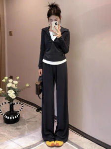 Gray Hoodie Sweatshirt High Waist Wide Leg Pants Womens Two-Piece Set Casual Sporty Korean Style Autumn Fashion Ensemble