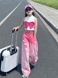Girls Gradient High Waist Loose Fit Thin Denim Jeans Summer New Style Fashionable Trendy Long Pants for Kids Ages 4-14