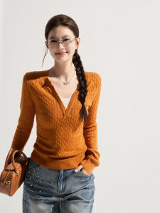 เสื้อสเวตเตอร์ถักคอวีแขนยาวทรงสลิมฟิตสำหรับผู้หญิง เสื้อสเวตเตอร์ถักสไตล์เกาหลี ทรงหลวม แขนยาว ปกติ