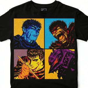Bandai | Mens Berserk Pop Art Anime T Shirt Black Short Sleeve Guts Graphic Cotton Tee Casual Daily Wear for Otaku Campus Home Street