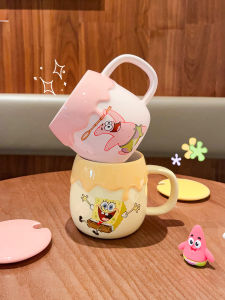 SpongeBob Ceramic Mug with Lid Spoon Cute Girl Milk Coffee Cup Home Use Children Water Cup Cartoon Pattern Enamelware Vessel