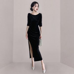 เรียบหรู สีดำ กํามะหยี่ เดรส ผู้หญิง ฤดูใบไม้ร่วง ฤดูหนาว แฟชั่น สลิมฟิต Vintage Side Split One Piece เดรส สไตล์มินิมอลสุดหรู