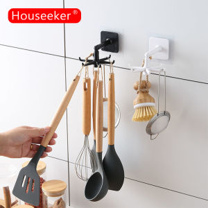 Houseeker 360องศาหมุน6ตะขอ Multi-Purpose Rotatable Rack สำหรับเครื่องครัว Organizer ไม้พายช้อนเก็บไม้แขวนเสื้ออุปกรณ์เสริม