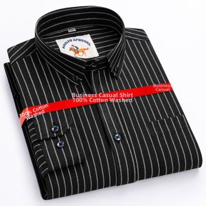 Mens Pure Cotton Oxford Cloth Shirt Long Sleeve Striped Anti-Wrinkle Large Size Business Casual Wear Resistant to Ironing