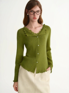 DUSHU | Lace Splicing Turn-down Collar Ribbed Fitted Basic Layering Top