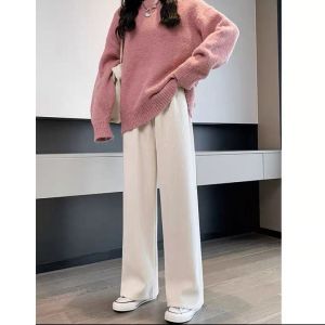 กางเกงขายาวทรงหลวมเอวสูงสำหรับผู้หญิงในฤดูใบไม้ร่วงและฤดูหนาว กางเกงขายาวทรงหลวมแบบลำลอง ผ้าขนแกะเนื้อหนา ผ้าขนแกะเนื้อหนา ทรงหลวม ทรงหลวม
