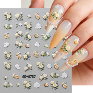 1Pcs 5D Embossed White Yellow Rose Nail Stickers Elegant Camellia Self-adhesive Nails Decals for Women Romantic Manicure Sliders