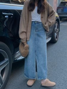 สูง เอว ทรงเอ Midi Straight เดนิม กระโปรง สไตล์เรโทร ผู้หญิง แฟชั่น ฤดูใบไม้ผลิ ฤดูใบไม้ร่วง Asamllshop พรางหุ่น ประสิทธิผล