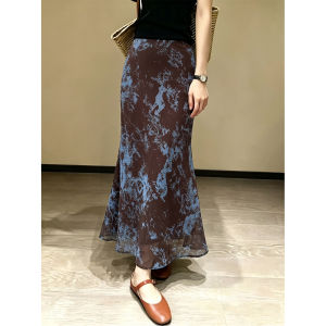 V.C.I | Summer Blue-Coffee Flowered Chiffon Skirt A-Line Slim Fit High Waist