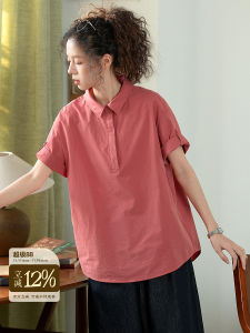 Original Pink Short Sleeve Pure Cotton Casual Shirt Womens Summer Thin Style Japanese Loose Fit Collared Top Versatile Shirt