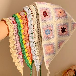 ผ้าพันคอถักลายสามเหลี่ยมสไตล์ชนบทสำหรับผู้หญิง ฤดูใบไม้ผลิและฤดูร้อน ผ้าพันคอสำหรับใส่ไปเที่ยวชายหาด ผ้าคลุมผม ประดับผม เครื่องประดับแฟชั่น