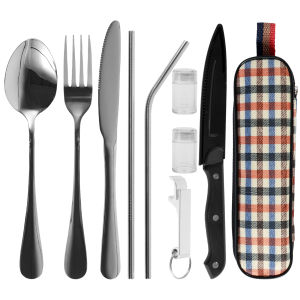 10Pc Travel Cutlery Set with Storage Bag Stainless Steel Travel Utensils Set Portable Camping Silverware Set Travel Flatware Set